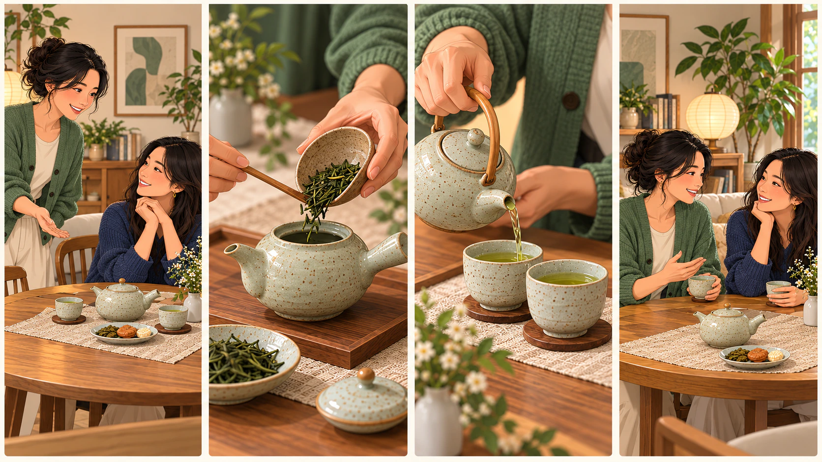 Illustrated sequence of inviting someone, preparing tea, pouring two cups, and sharing a conversation