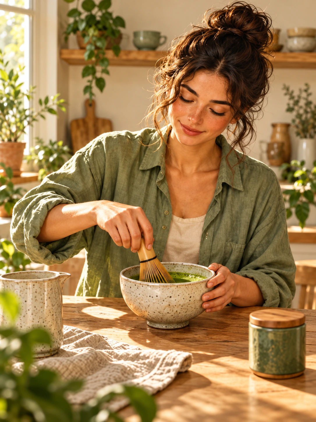 Illustration of a woman whisking matcha in warm morning light